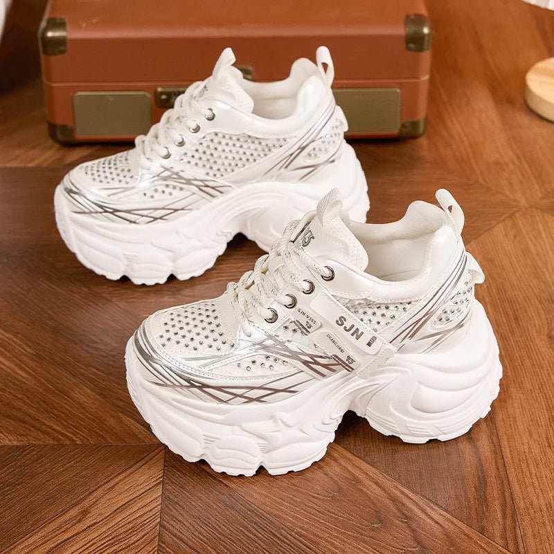 AUTUSPIN 9cm White Chunky Sneakers Women Summer Autumn Bling Rhinestones Shoes for Girls Thick Platform Footwear Size 34-39