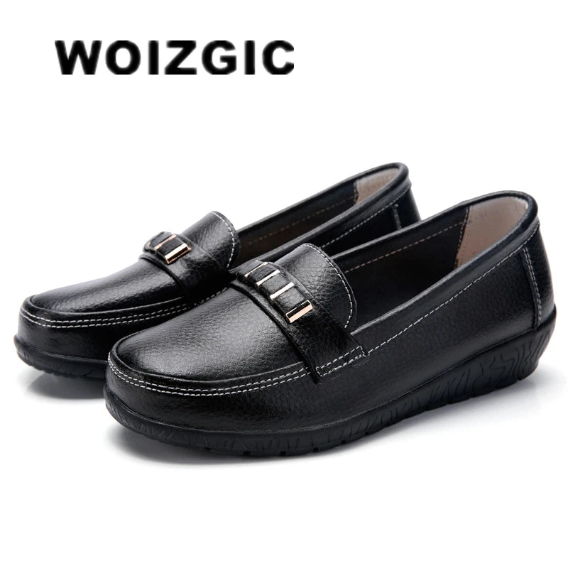 WOIZGIC Women's Female Mother Girl Ladies Genuine Leather Flats Shoes Platform Loafers Slip On Plus Size 42 43 44 Spring