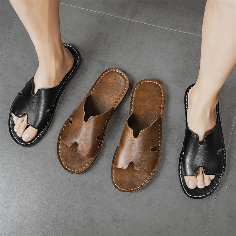 STRONGSHEN Fashion Men's Slippers Summer Outer Wear Non-Slip Wear-Resistant Casual Luxury Slippers Leather Slippers Outdoor
