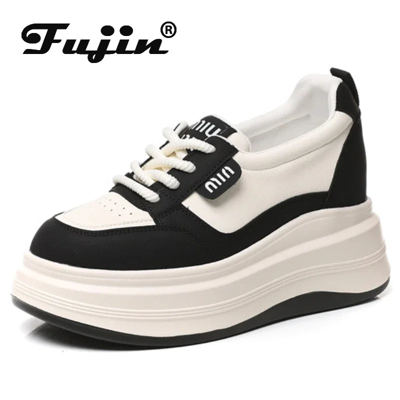 Fujin 8cm Chunky Sneaker Ergonomic Genuine Leather Ethnic Autumn Flats Mixed Color Vulcanize Comfy Leisure Loafer Shoes Woman
