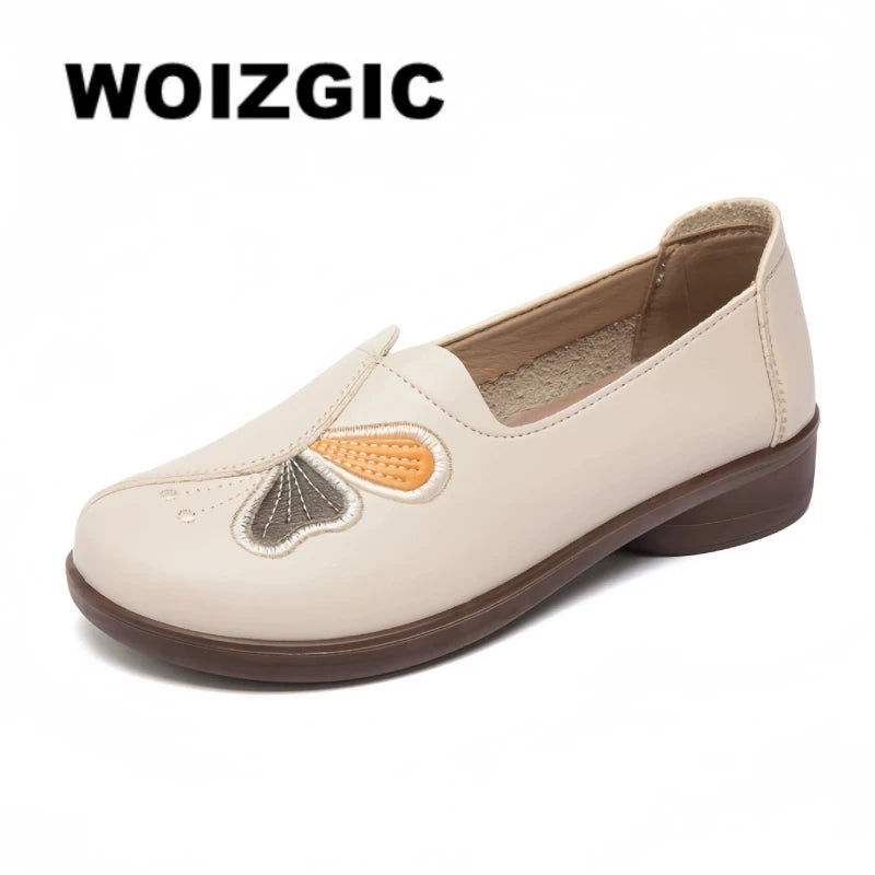 WOZIGIC Women's Old Mother Ladies Flats Microfiber Shoes Non Slip On Butterfly Soft Spring Autumn Loafers Moccasin