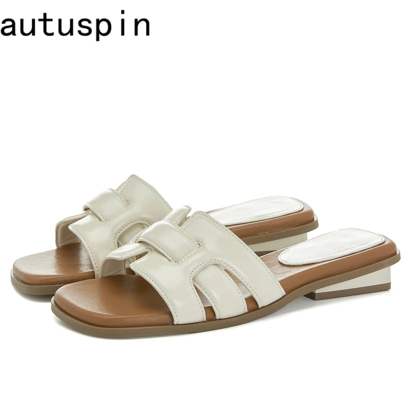 AUTUSPIN Summer Beach Slippers for Women Fashion Weave PU Leather Thick Low Heels Woman Outdoor Leisure Ladies Shoes Size 35-40