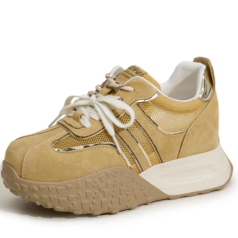 AUTUSPIN Summer Sneakers for Women 2025 Street Style Breathable Mesh Sports Training Shoes Female Spilcing Leather Lace-up Shoes