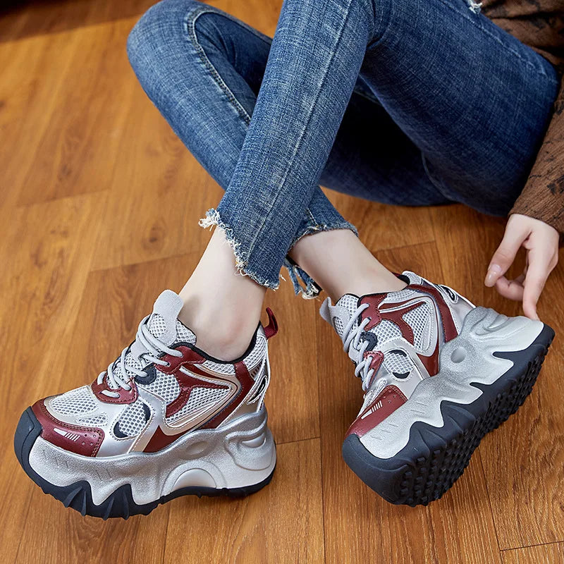 Fujin 12cm Air Mesh Microfiber Synthetic Chunky Sneakers Spring Shoes Leather Ankle Booties Women Vulcanize Boots Autumn