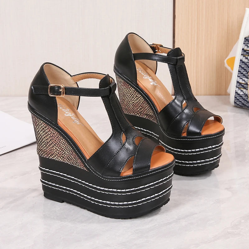 AUTUSPIN 14cm 16cm Super High Heels Microfiber Leather Platform Wedge Sandals Summer Shoes Women Peep Toe Party Wedding Shoes