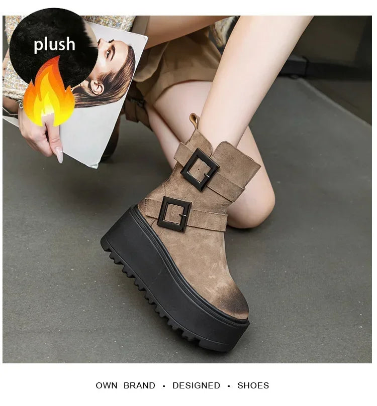 Fujin 8cm Suede Genuine Leather Ankle Booties Women Autumn Boot Flats Winter Plush Thick Sole Motorcycle Platform Wedge Shoes