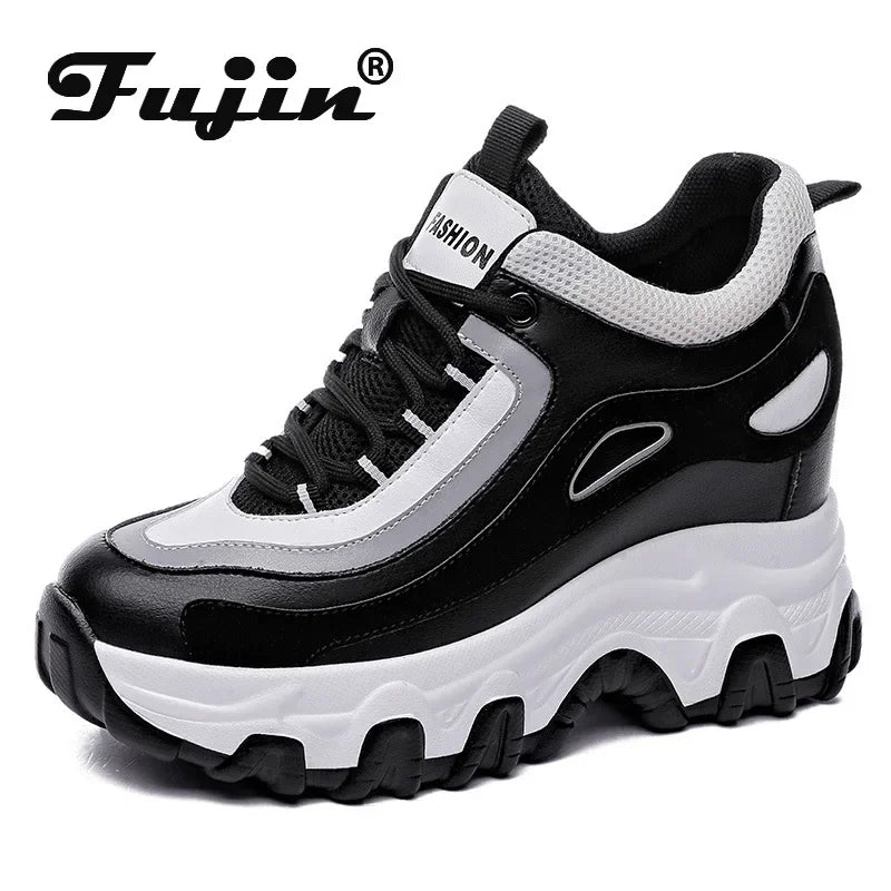 Fujin 9cm Genuine Leather Platform Wedge Hidden Heel Women Casual Shoes Chunky Sneakers Fashion Winter Warm Sneakers Boot