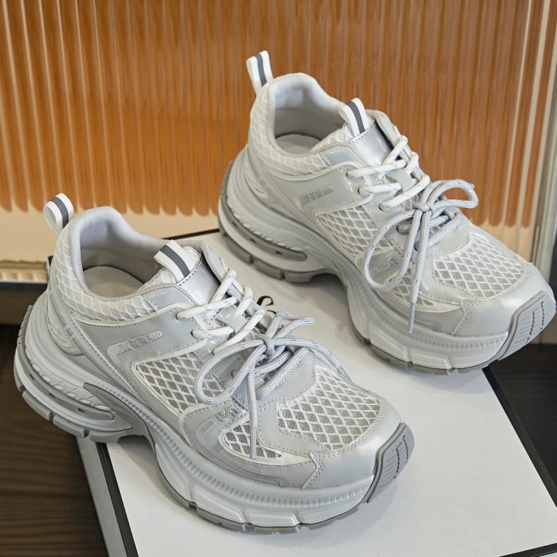 AUTUSPIN Summer Thick Bottom Women's Shoes Outdoor Fashion Leather Ladies Vulcanized Sneakers Breathable Mesh Shoes Comfortable