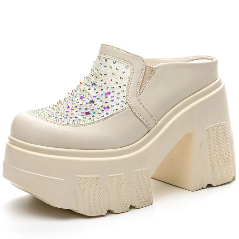 Autuspin Women's Slippers 11cm Super High Heels Women Fashion Mesh Splicing Leather Round Toe Slides Crystal Ladies Mules Shoes