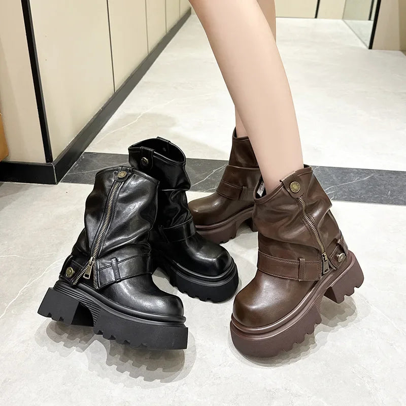 Koznoy 10cm PU Leather Spring Round Toe Shoes Motorcycle Boots Women Ankle Booties Ladies Fashion Chimney Autumn Moccasins