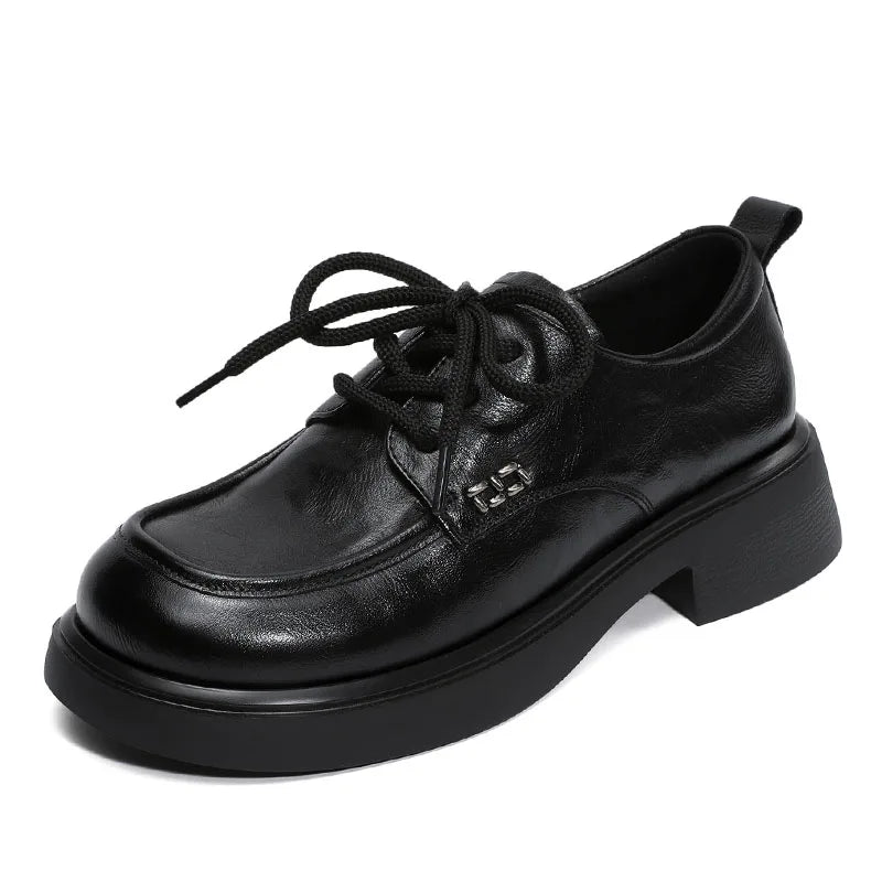 DRKANOL 2025 Women Genuine Leather Shoes Handmade Retro British Style Thick Heel Round Toe Comfort Casual Single Shoes H258569Z