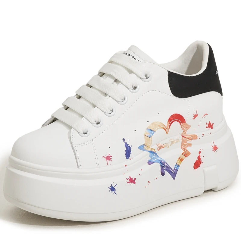 AUTUSPIN White Skateboard Shoes for Women 2025 Fashion Thick Soled Ladies Casual Leather Shoes Outdoor Tide Vulcanized Sneakers