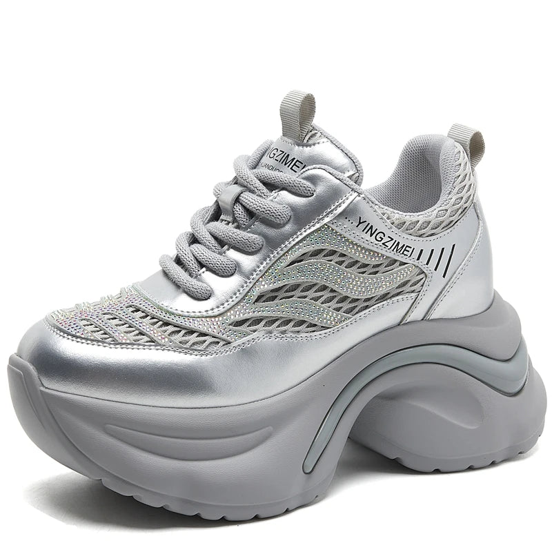 Autuspin 8cm Platform Mesh Women Crystal Shoes Summer Autumn Breathable Genuine Leather Sneaker Female Outdoor Leisure Shoes