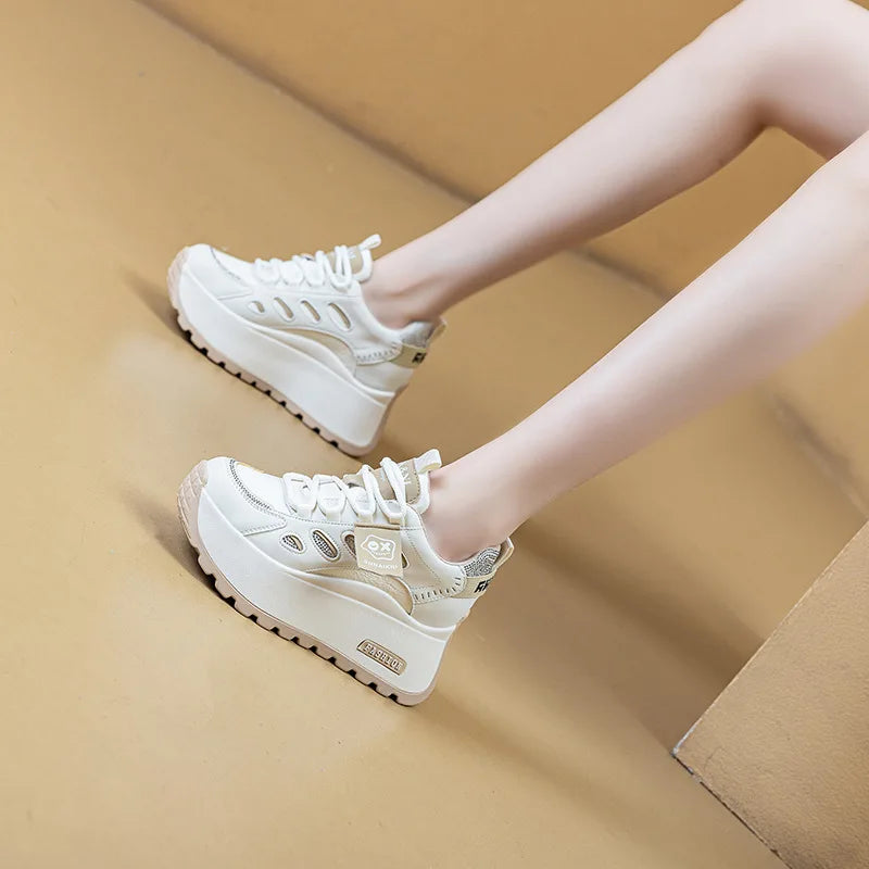 Fujin 7cm Air Mesh PU Microfiber Leather Breathable Flats Hollow Flats Women Shoes Chunky Sneaker Fashion Platform Wedge Sandals