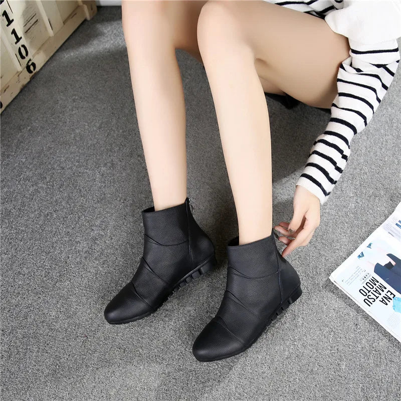 WOIZGIC Women's Ladies Female Mother Genuine Leather Shoes Platform Ankle Boots Zipper Autumn Winter Warm Plush Fur Plus Size