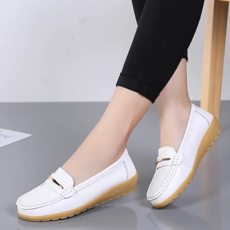 WOIZGIC Women's Mother Ladies Woman Female Genuine Leather Shoes Flats Loafers Platform Bling Slip On Moccasins Plus Size 43 44