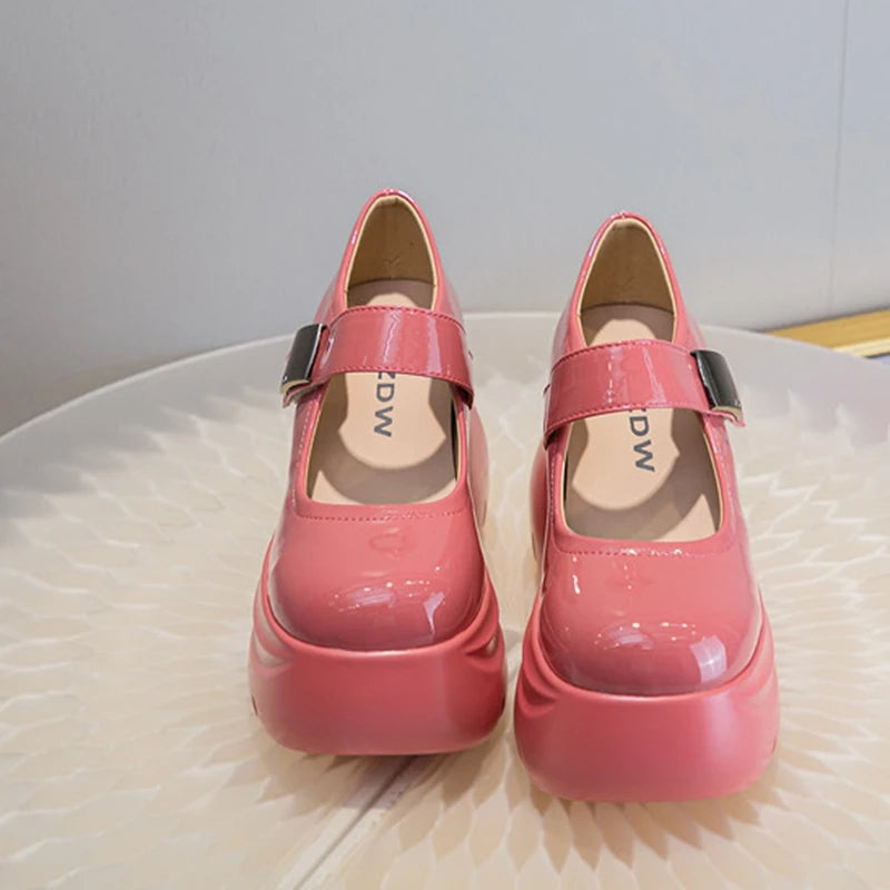 AUTUSPIN 9cm Fashion Wedges Pumps Women Rose Red High Heels Ladies Party Wedding Thick Bottom Leather Shoes Woman Mary Janes