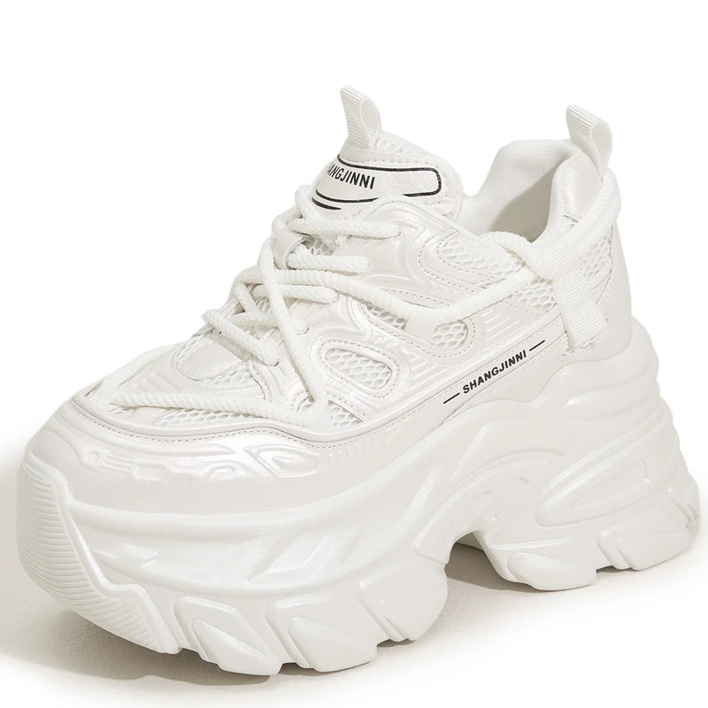 AUTUSPIN White Thick Bottom Women Shoes 2025 Spring Summer Breathable Mesh Splicing Leather Sneakers Female Outdoor INS Popular