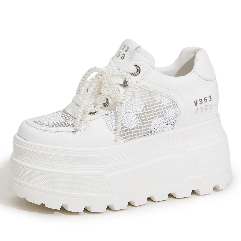 AUTUSPIN Designer Women Shoes Sequined Ladies Summer Mesh Leisure Vulcanize Sneakers Beads Lace-up Woman Platform Shoes 34-39