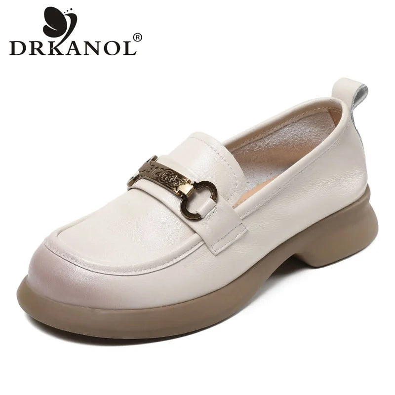 DRKANOL Women Slip On Loafers 2025 Spring Shallow Genuine Cow Leather Trend Metal Mid Thick Heel Casual Single Shoes Black Beige