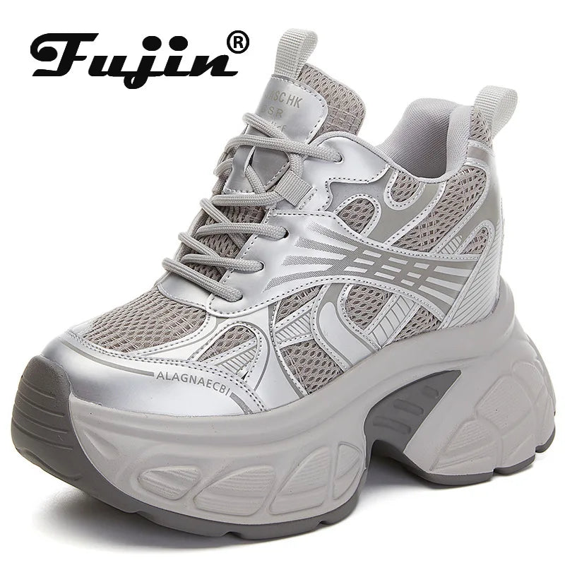 Fujin 12cm 2025 Air Mesh Synthetic Genuine Leather Platform Wedge Flats Women Vulcanize Hollow Summer Chunky Sneakers Shoes