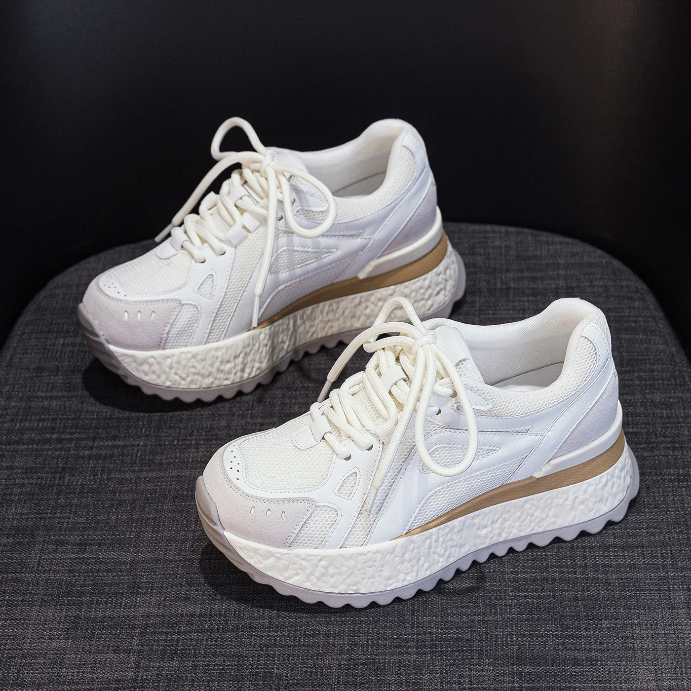 Fujin 6cm Women Casual Shoes Platform Sneakers Heel Chunky Sneakers Heel Genuine Leather Comfortable Walking Shoes Non Slip