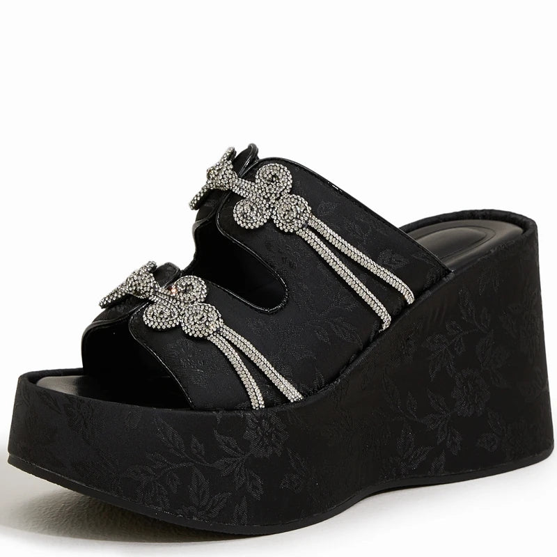 AUTUSPIN 10cm Wedges Heels Women Summer Sandals Ethnic Style Peep Toe Mules Shoes Female Party Wedding Dress Platform High Heel