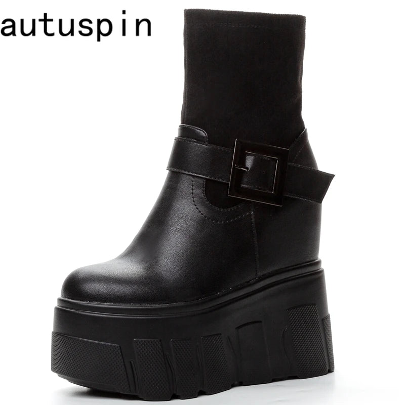 AUTUSPIN 9cm High Wedges Heeled Ankle Boots Women Fashion Long Knee-high Boots Female Wedding Party Sexy Black Warm Shoes Winter