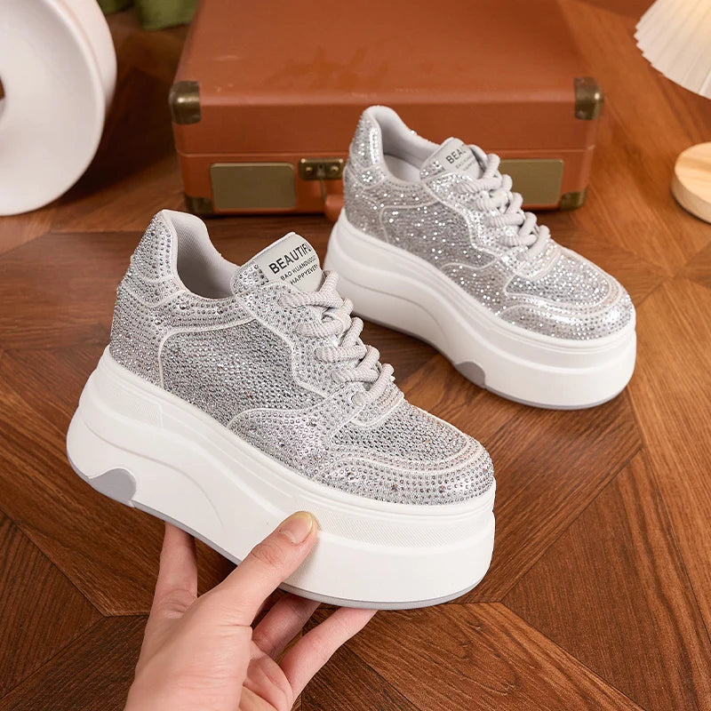 AUTUSPIN 10cm Women White Shoes Full Rhinestones Ladies Shiny Casual Shoes Fashion High Platform Wedges Chunky Sneakers Casual