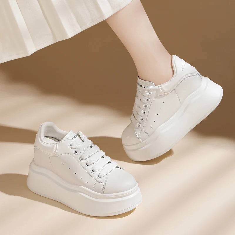 AUTUSPIN 6cm Chunky Shoes for Women Genuine Leather Lace Up Vulcanized Sneakers Spring Fashion Casual Non Slip Platform Sneaker