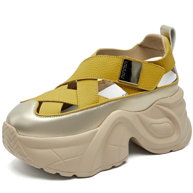 Autuspin 8cm Women Chunky Platform Sandals Summer Hollow New Synthetic Leather Ladies Shoes Wedges Platforms Female High Heels