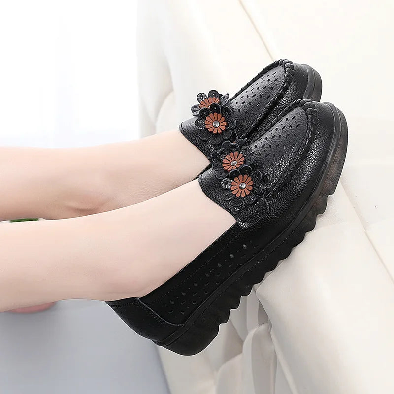 WOIZGIC Women Female Ladies Mother Genuine Leather Shoes Flats Loafers Platform Hollow Slip On Summer Cool Flowers Moccasins