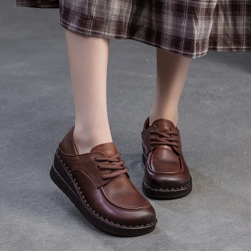 DRKANOL 2025 Spring Handmade Retro Women Wedges Shoes Quality Genuine Cow Leather Round Toe Lace-Up Comfort Casual Single Shoes