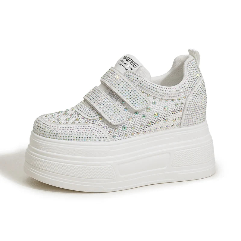 AUTUSPIN 9cm Wedge Women Skateboard Shoes Four Season White Crystal Chunky Sneakers Street Leisure Shoes Woman Street Tide