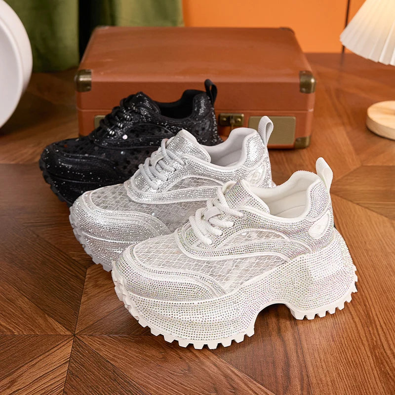 AUTUSPIN 7.5cm Thick Soled Women Shoes Summer Fashion Lace Spilcing Leather Chunky Sneakers Street Style Tide Crystal Shoes