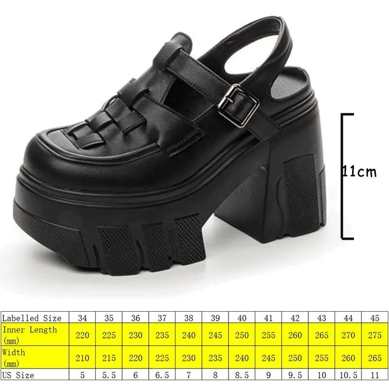 Fujin 11cm Weave Patent Genuine Leather Breathable Pumps Summer Ankle Boots Mary Jane Casual Buckle Platform Chunky Heels Shoes