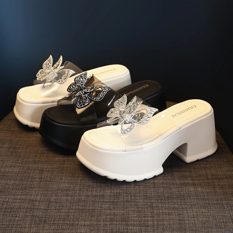 AUTUSPIN 9cm High Thick Heels Women Sandals Summer Sexy Fashion Slides Shoes Crystal Buttetfly PVC Transperant Ladies Shoes
