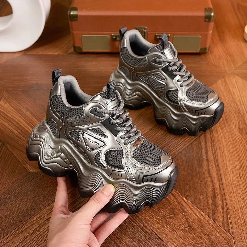 AUTUSPIN Thick Soled Women's Vulcanize Shoes Retro Platform Ladies Leisure Sneakers 8cm High Wedges Chunky Female Footwear 34-39