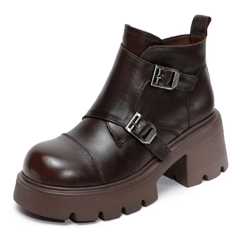 DRKANOL 2025 British Style Women High Heel Ankle Boots Spring Autumn Round Toe Genuine Cow Leather Zipper Chunky Platform Boots