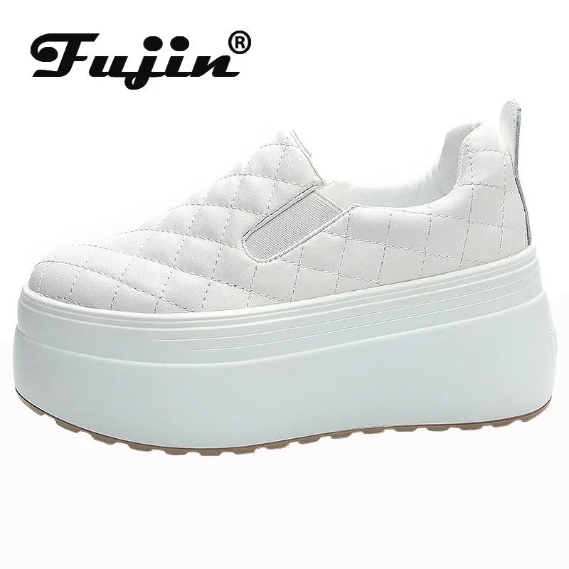 Fujin 8cm Sewing Genuine Leather Platform Wedge Female Women Sneakers Chunky Spring Autumn Women Casual Vulcanize Comfy Shoes