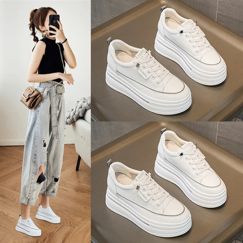 Fujin 8.5 Cm Mesh Genuine Leather Platform Shoes Wedge Sneakers for Women Summer Shoes White Flats Sandals Slippers Slides