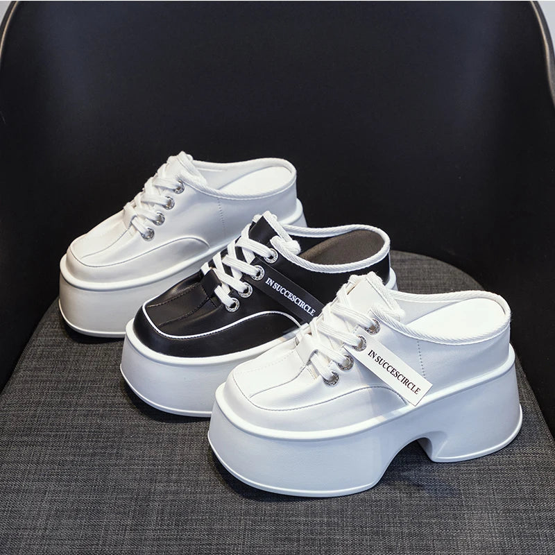 AUTUSPIN 11cm Fashion Women Mules Platform High Heels Summer Autumn Genuine Leather Casual Round Toe Slippers Woman Slides Shoes