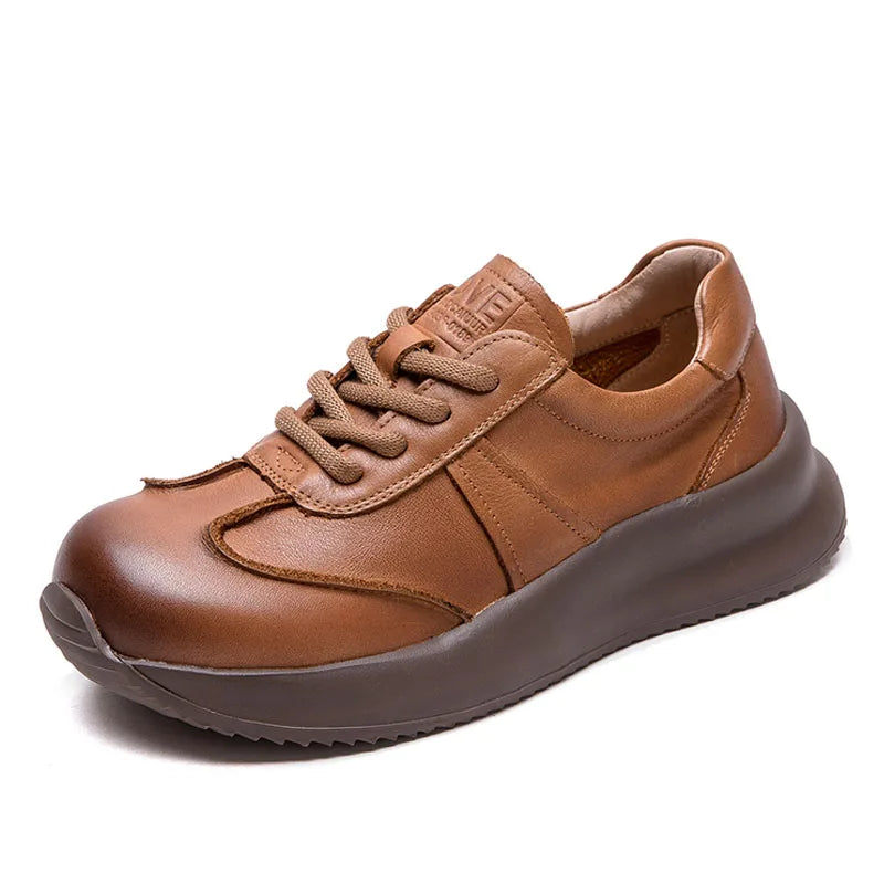 DRKANOL Women Thick Bottom Shoes Spring Autumn Lace-Up Casual Sneakers Quality Genuine Cow Leather Handmade Retro Platform Shoes