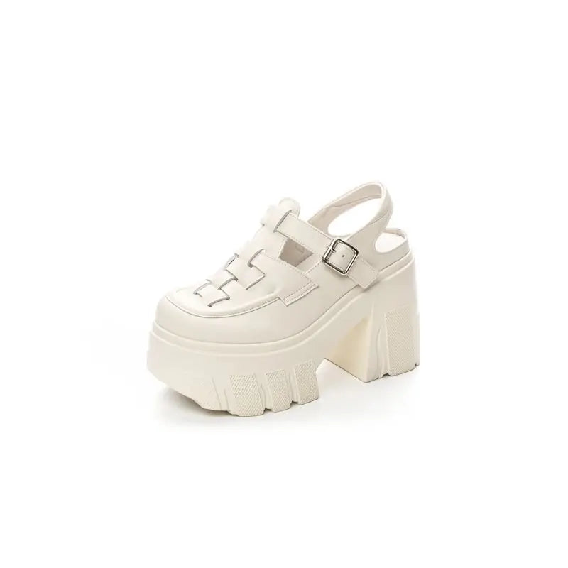 Fujin 11cm Weave Patent Genuine Leather Breathable Pumps Summer Ankle Boots Mary Jane Casual Buckle Platform Chunky Heels Shoes