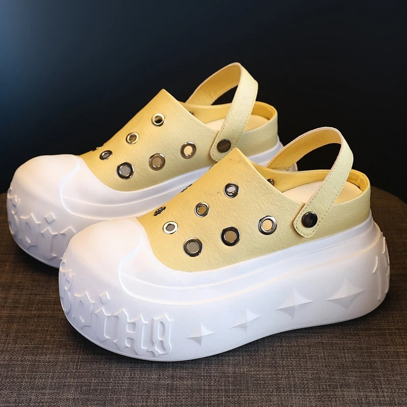 AUTUSPIN Summer Hollow Sandals for Women Fashion Design Female Soft Leather Mules Shoes Ladies Beach Platform Chunky Slippers