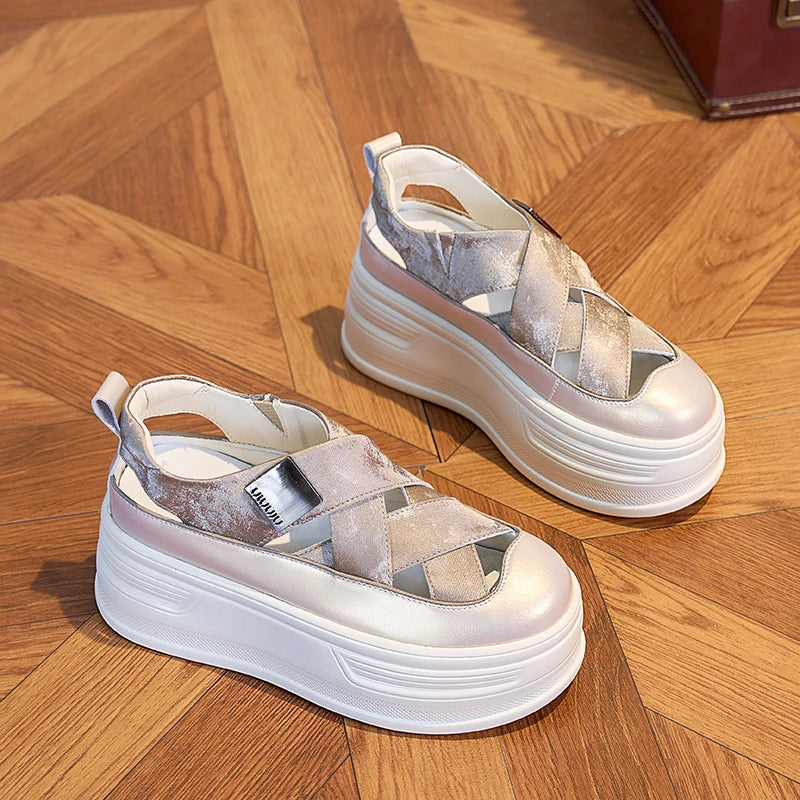 AUTUSPIN Summer Hollow Out Sandals Women's Fashion Leather Shoes Outdoor Woman High Platform Trendy Sandal Female Size 33-40