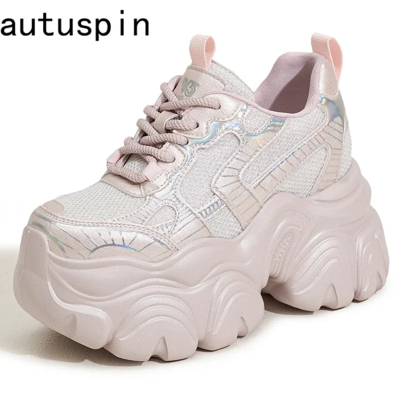 AUTUSPIN 9.5CM Thick Soled Women Pink Shoes Spring Summer Breathable High Platform Sneakers Outdoor Korea Style Footwear Woman