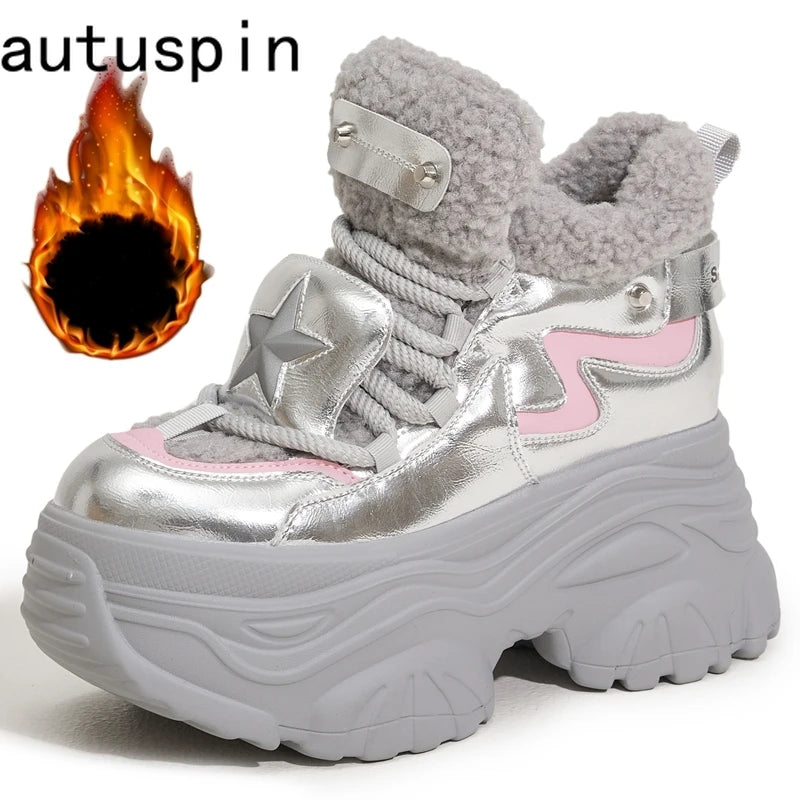 AUTUSPIN 8cm Winter Increased Height Warm Shoes for Women Fashion High Platform Thicken Sneakers Trendy Leather Chunky Shoes