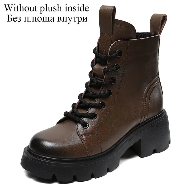 DRKANOL Genuine Cow Leather Ankle Boots For Women Height Increasing Thick High Heel Chunky Platform Autumn Winter Fur Warm Boots