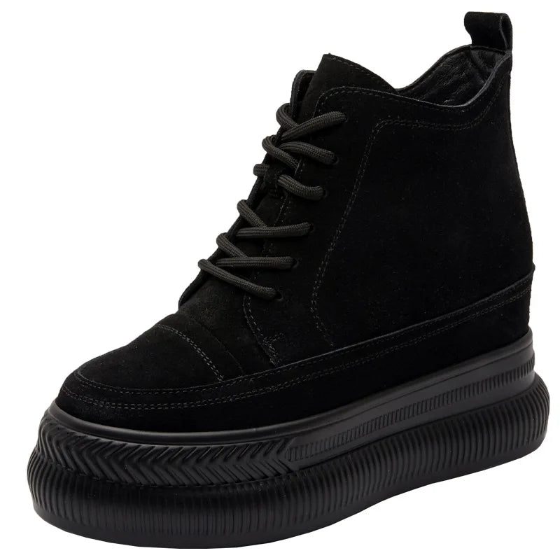 Fujin 10cm Suede Cow Genuine Leather Spring Motorcycle Fashion ZIP Ankle Boots Platform Wedge Flats Women Autumn British Shoes